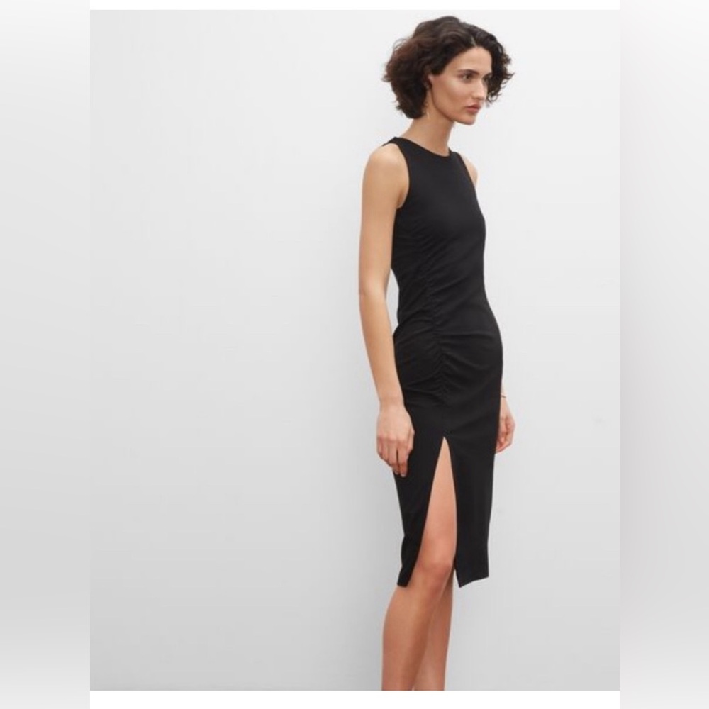 club Monaco black knit midi dress with ruched waist and high slit size L